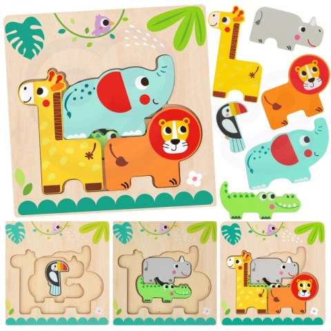 Tooky Toy Drewniane Puzzle Montessori Wielowarstwowe Tablica Zwierzątka Leśne 7 el.